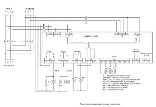 Схема подключения нагрузки магнитными пускателями без промежуточных реле, МАВР-3-31М