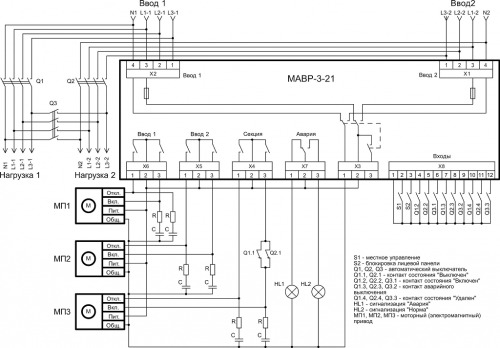Схема подключения МАВР-3-21 (подключение нагрузки автоматическими выключателями с моторными приводами)