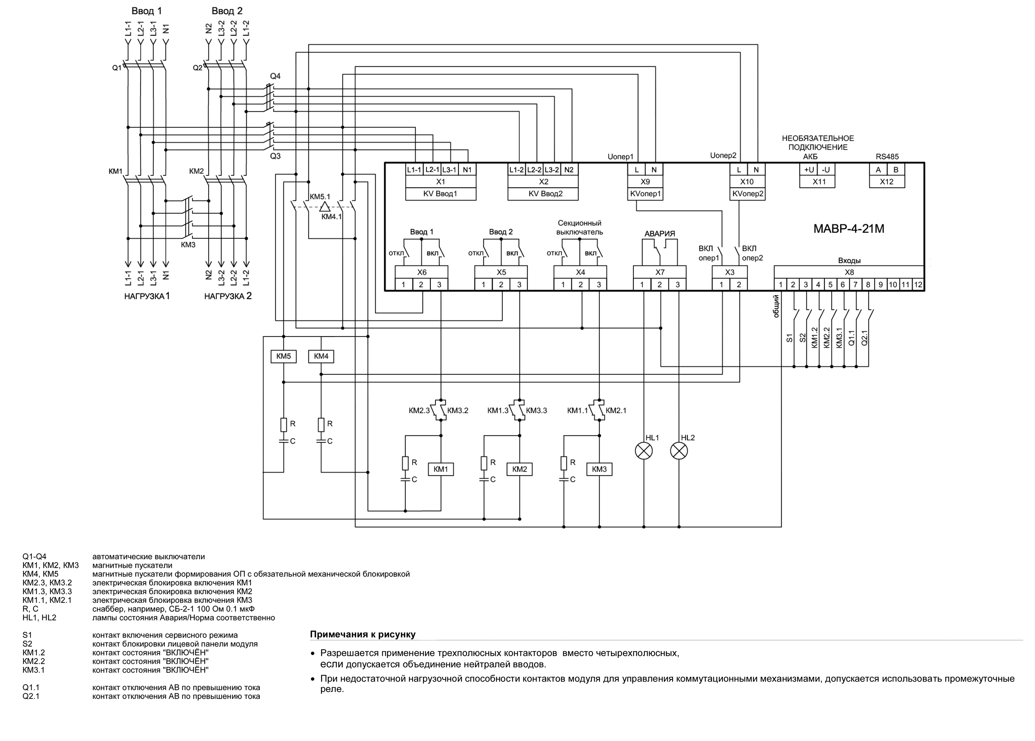 Схема управления с магнитными пускателями МАВР-4-21М