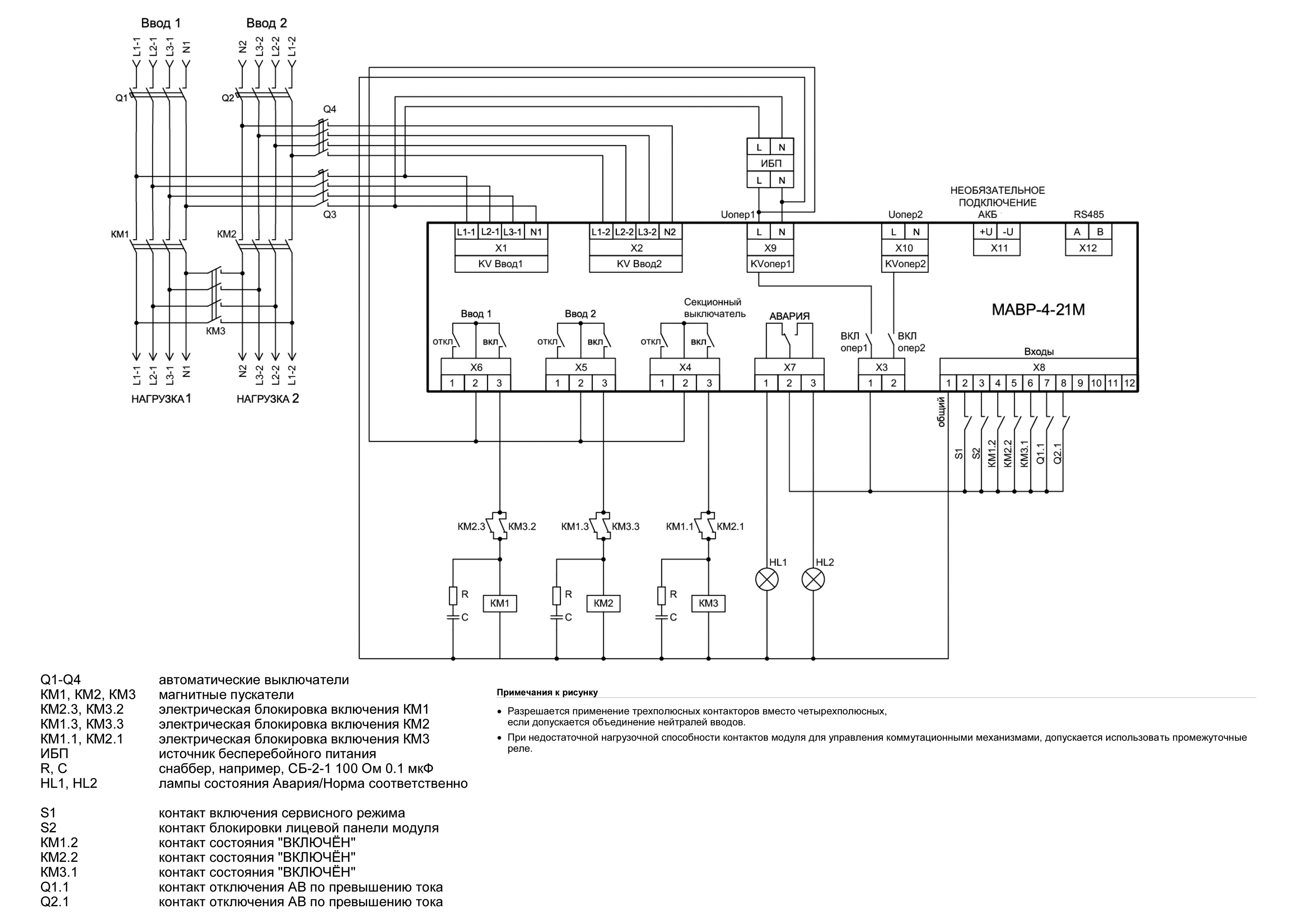 Схема управления с магнитными пускателями (для работы модуля в режиме «КМ от ОП») МАВР-4-21М