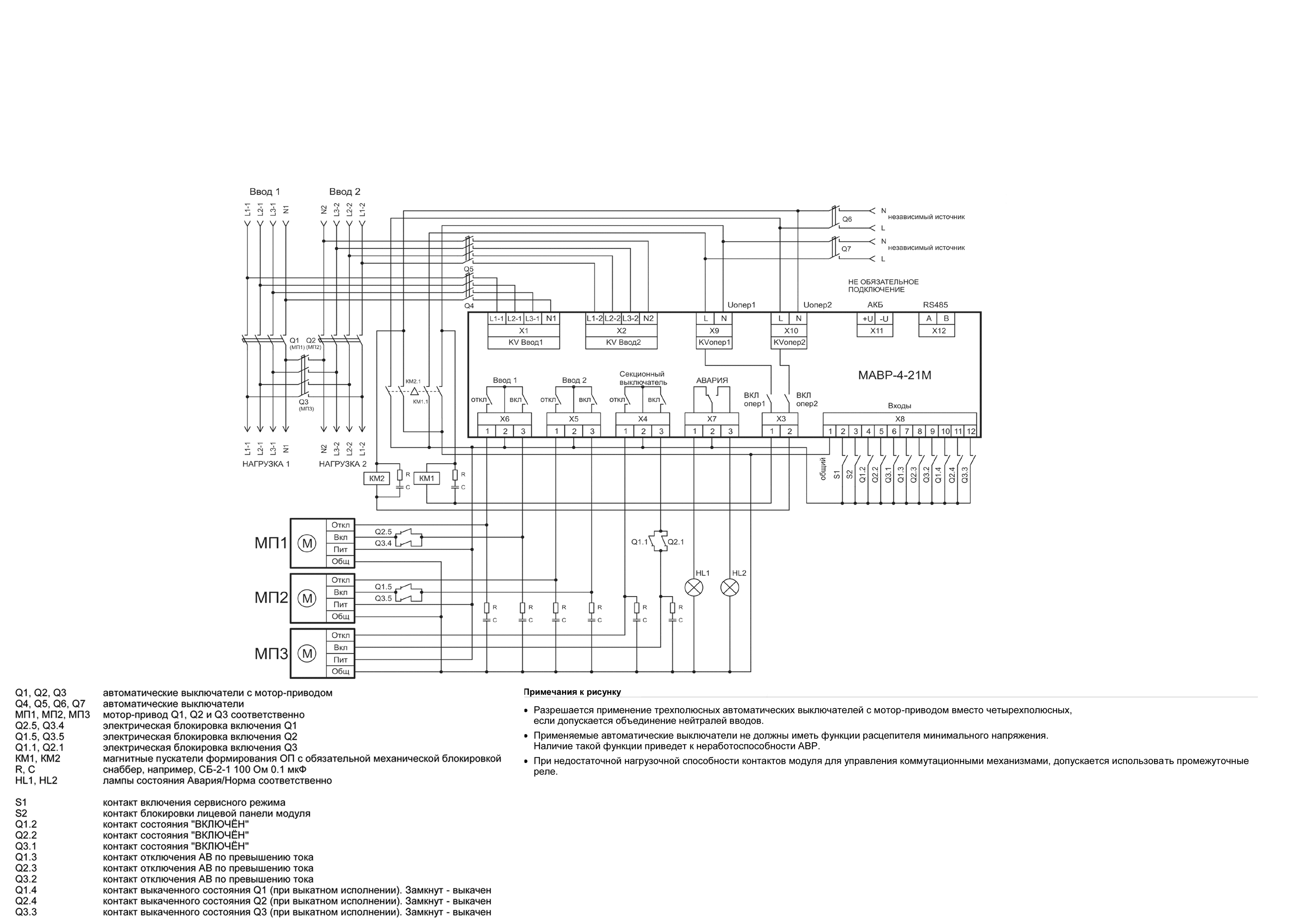 Схема управления автоматическими мотор приводами с оперативным питанием модуля от независимых источников питания МАВР-4-21М