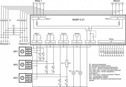 МАВР-3-21 Схема подключения нагрузки автоматическими выключателями с моторными приводами