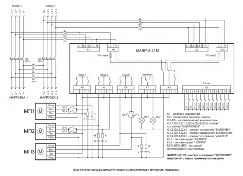 Схема подключения нагрузки автоматическими выключателями с моторными приводами МАВР-3-21М